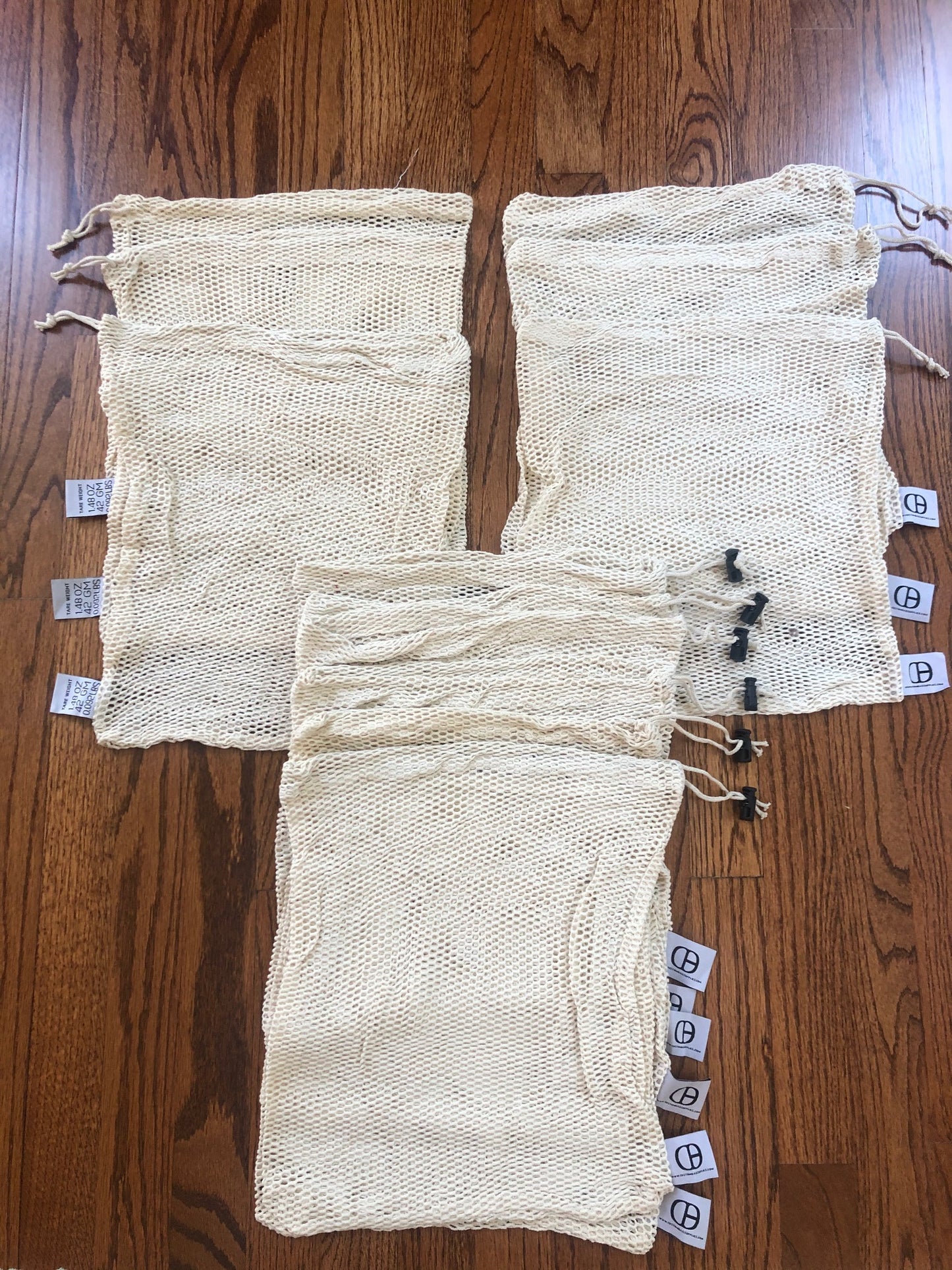 12 Pieces Of 12x16 Inches 100 Percent Cotton Mesh Bags NATURAL COLOR with 6 pieces of CORD LOCKS.
