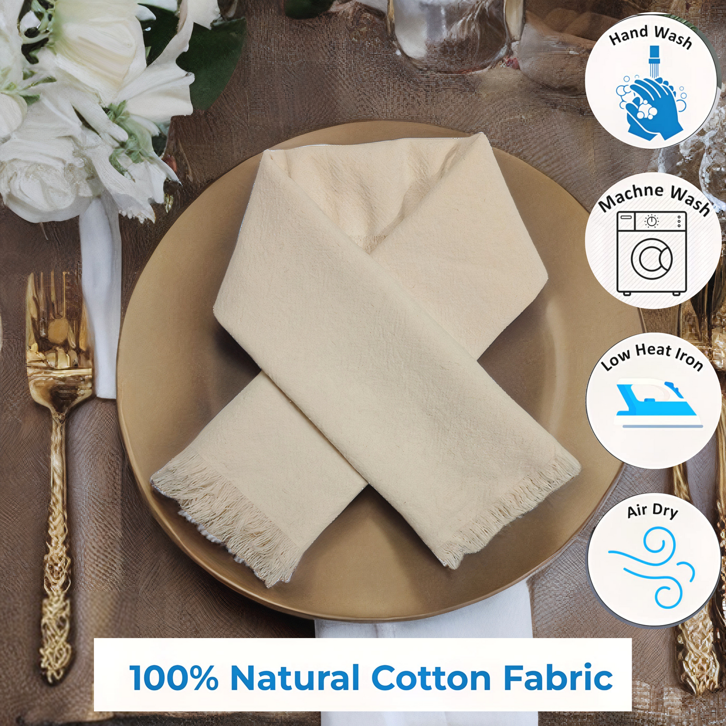 Set of 4 Cotton Napkins, 18 X 18 Inches with Frayed Edges - Rustic farmhouse style