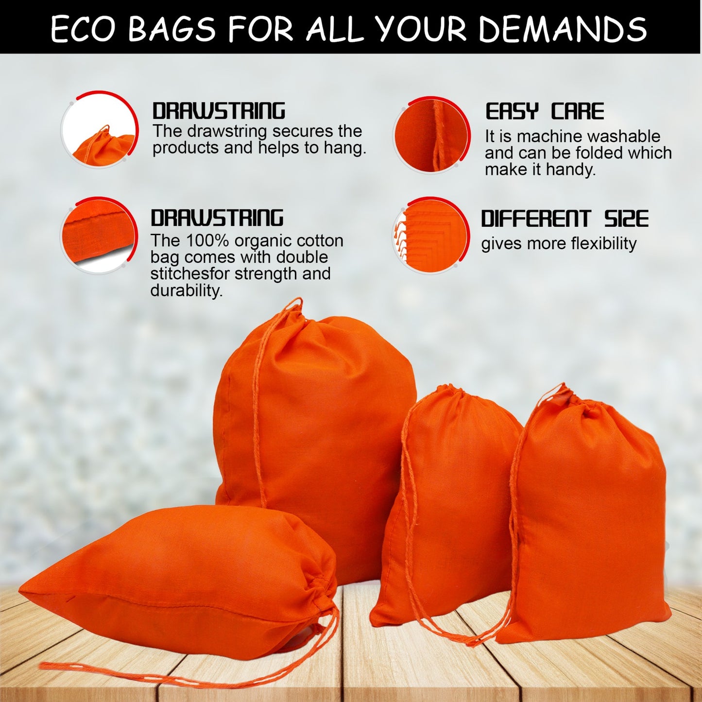 5x7 Inches Reusable Eco-Friendly Cotton Single Drawstring Bags Orange Color