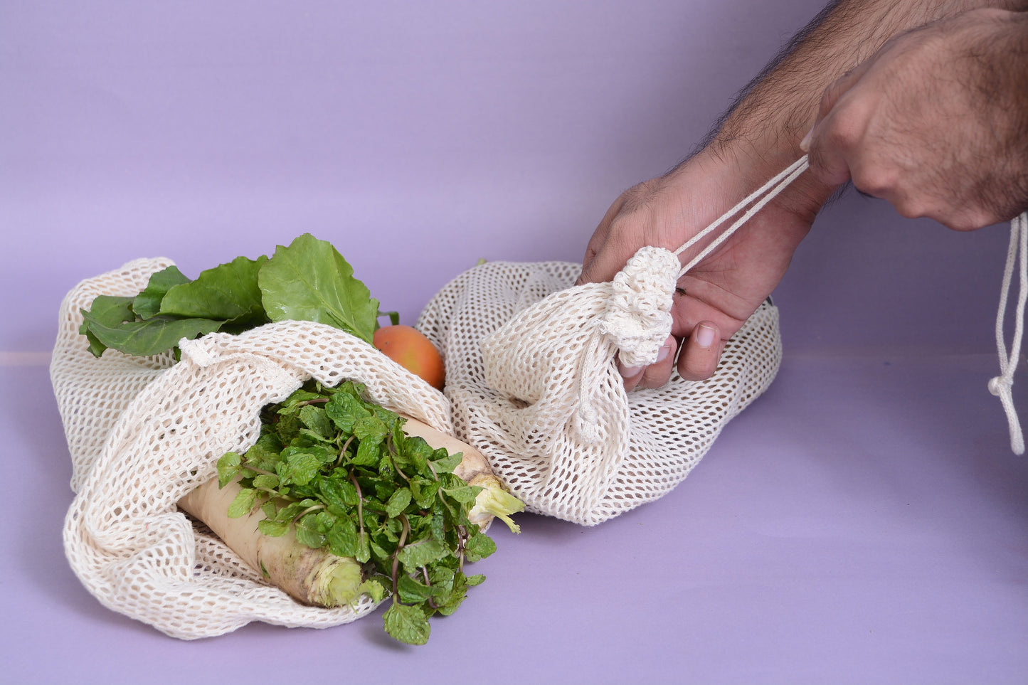12 Pieces Of 12x16 Inches 100 Percent Cotton Mesh Bags NATURAL COLOR with 6 pieces of CORD LOCKS.