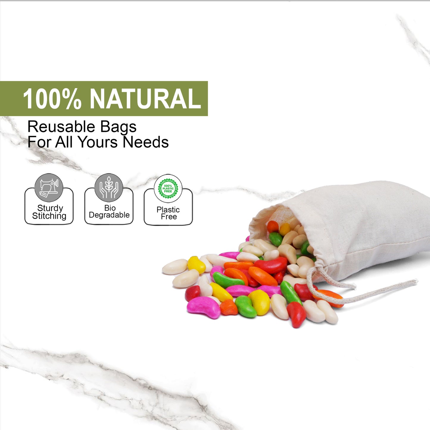2x3 Inches Reusable Eco-Friendly Cotton Single Drawstring Bags Natural Color