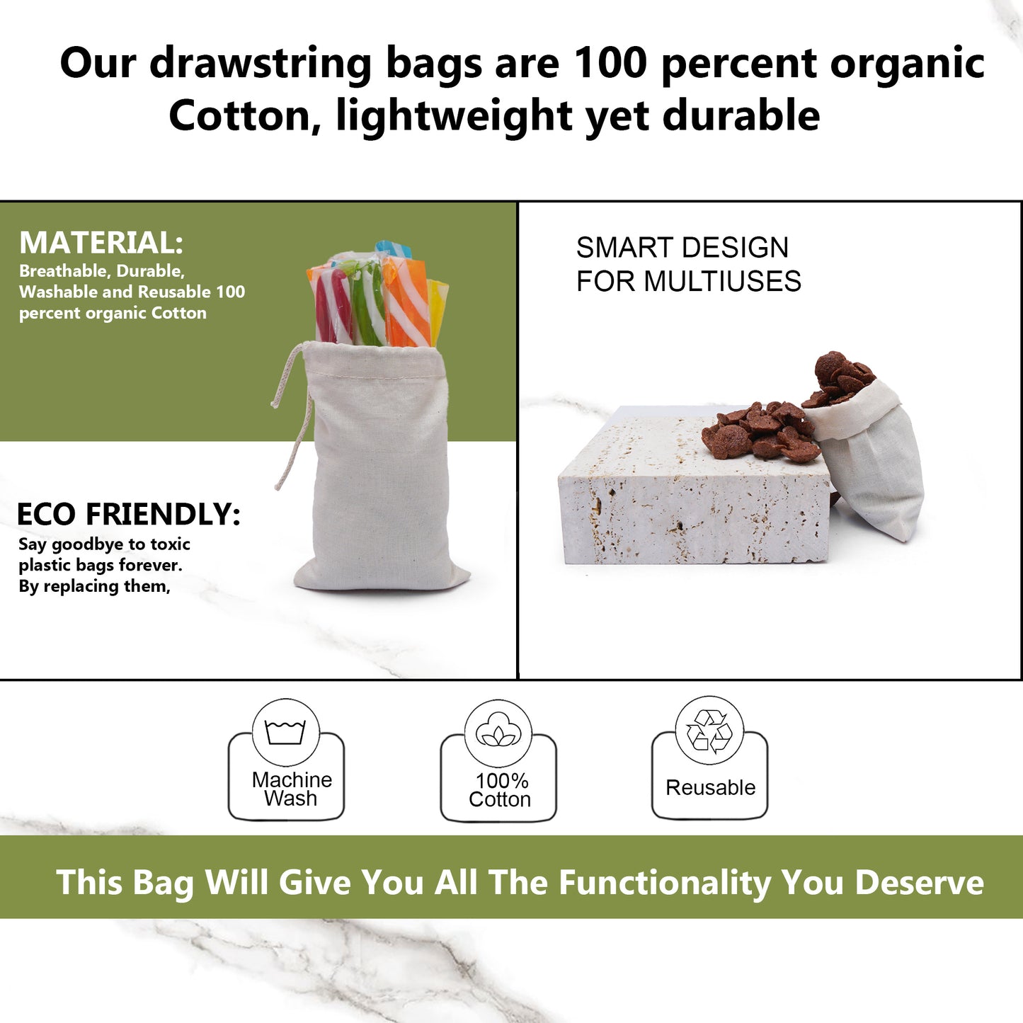 2x3 Inches Reusable Eco-Friendly Cotton Single Drawstring Bags Natural Color