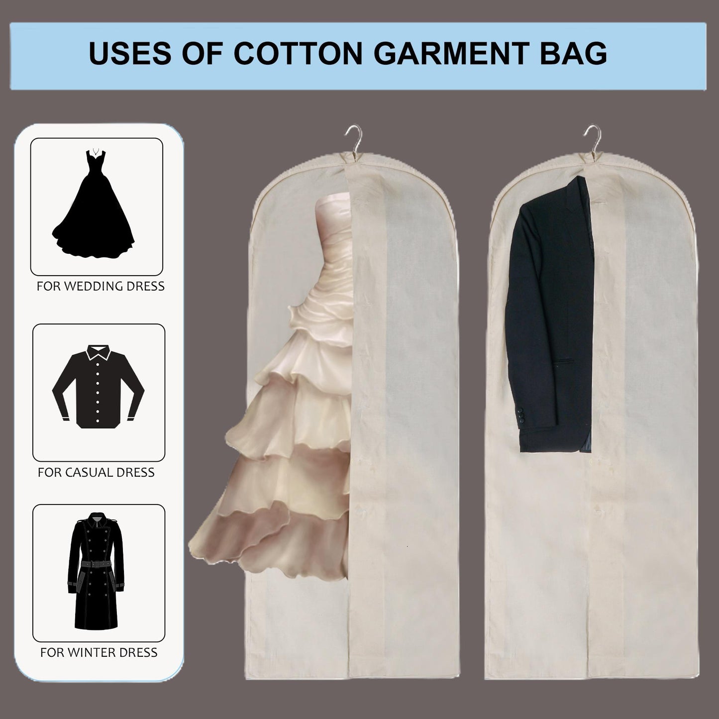 62" x 24" x 4" Premium garment bags: Protect your clothes in style.