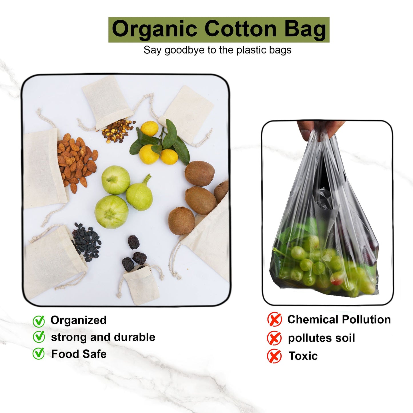 5x8 Inches Reusable Eco-Friendly Cotton Double Drawstring Bags Natural Color