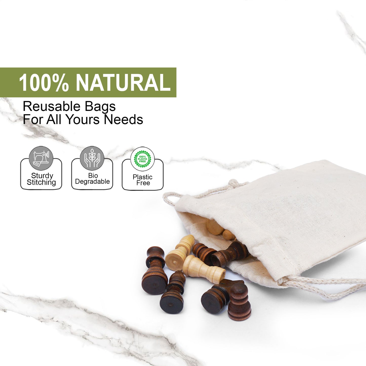6x10 Inches Reusable Eco-Friendly Cotton Double Drawstring Bags Natural Color