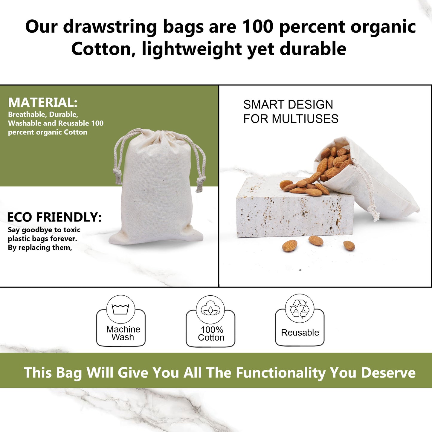 6x10 Inches Reusable Eco-Friendly Cotton Double Drawstring Bags Natural Color