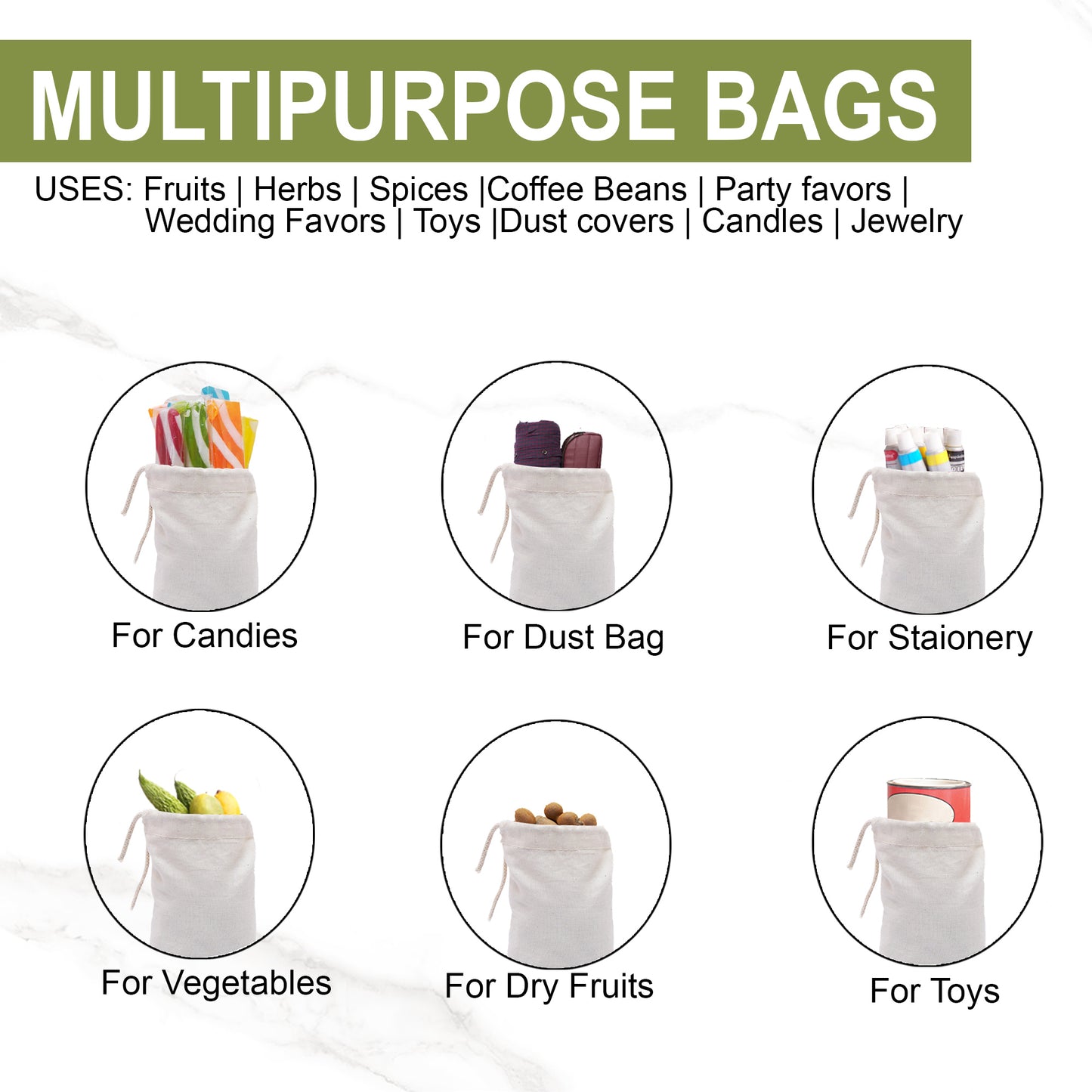 2x3 Inches Reusable Eco-Friendly Cotton Single Drawstring Bags Natural Color