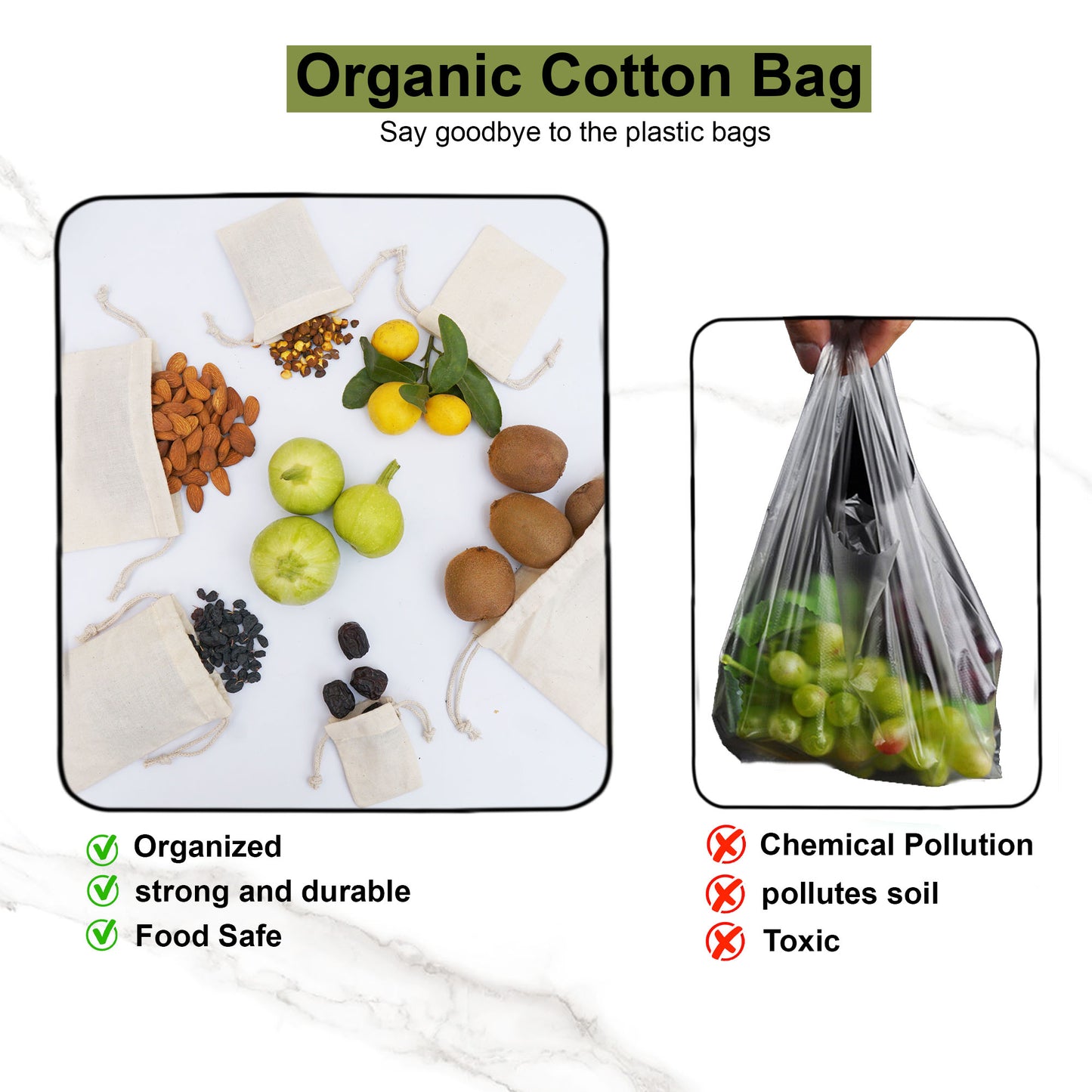 8x10 Inches Reusable Eco-Friendly Cotton Double Drawstring Bags Natural Color