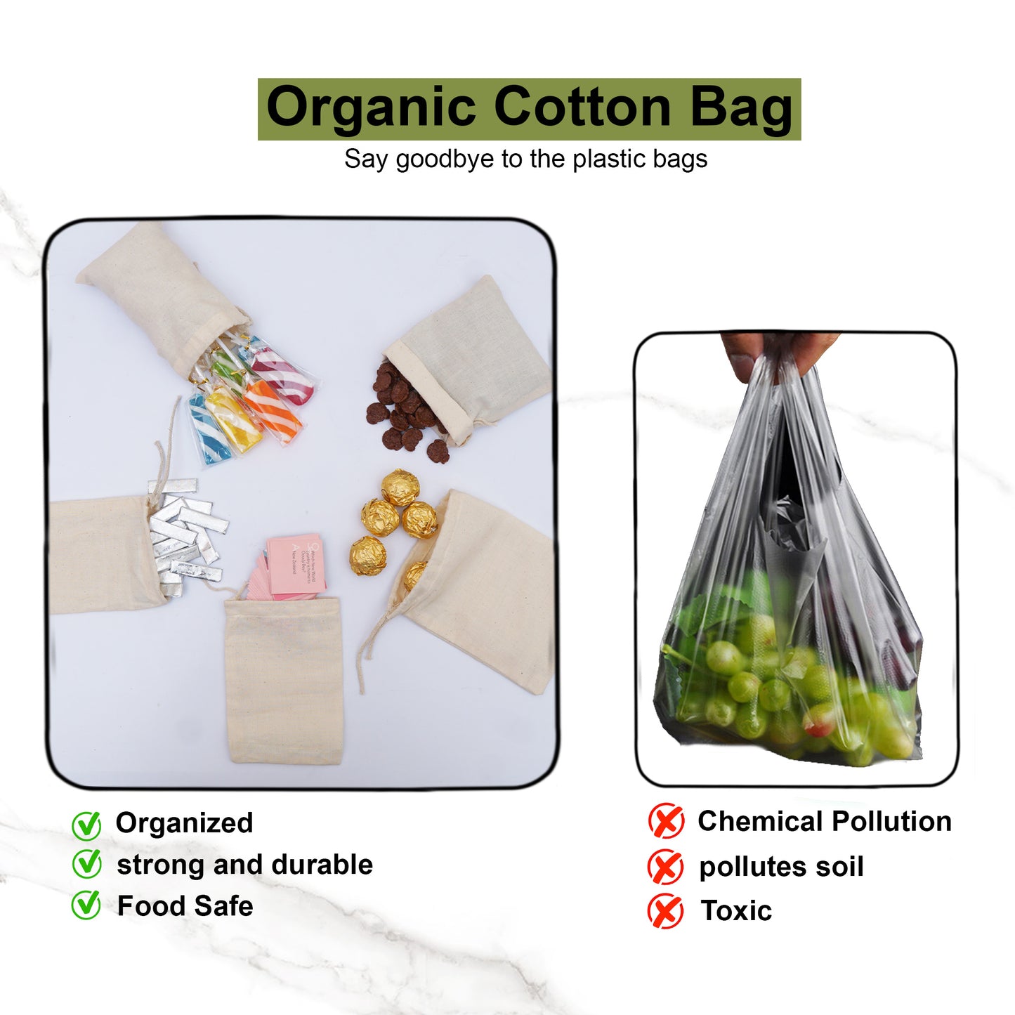 3x5 Inches Reusable Eco-Friendly Cotton Single Drawstring Bags Natural Color